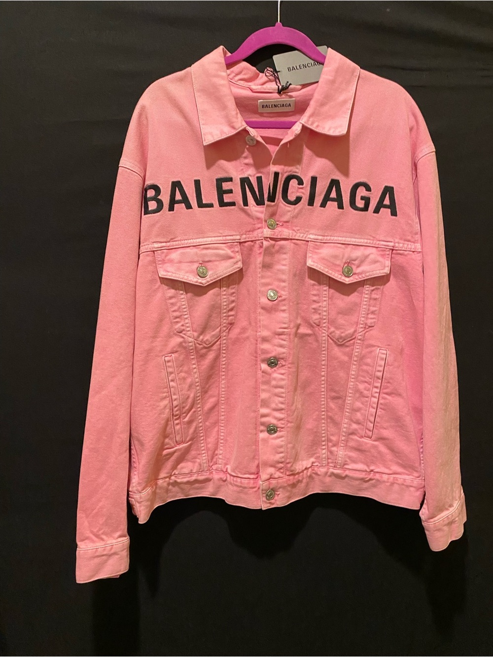 Balenciaga Pink Logo Denim Jacket Button Front Pockets Oversized Women IT 38